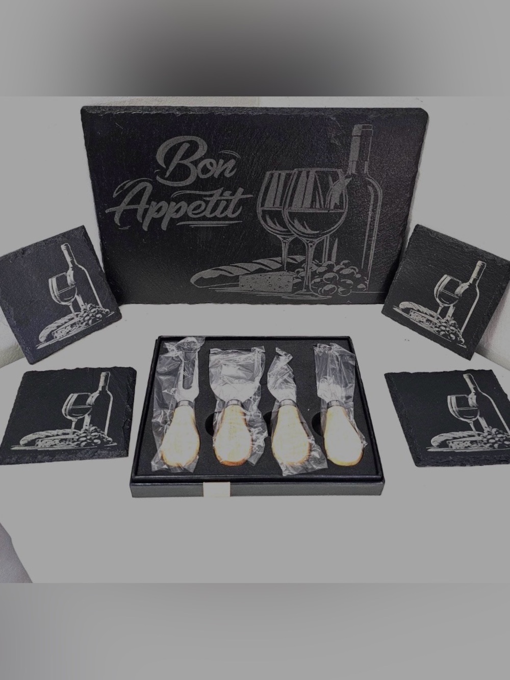 Bon Appetit Slate Charcuterie Board Set with Wood-Handled Spreaders